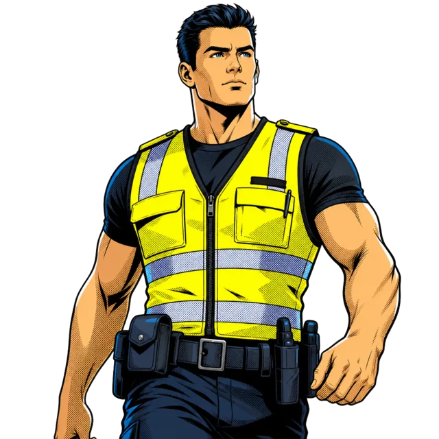 Comic-style illustration of a Taggr in a yellow safety vest