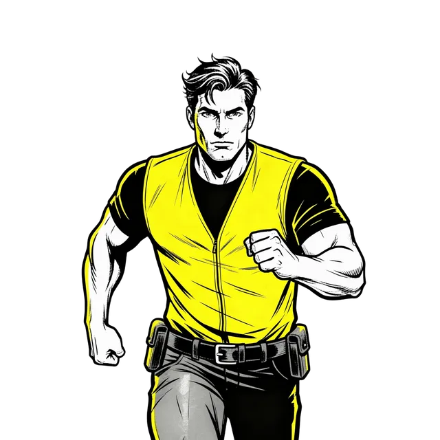 Comic-style illustration of a Taggr in a yellow safety vest running toward the viewer