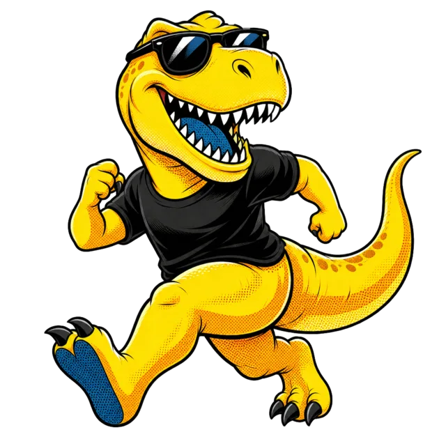 TAGGR-saurus Rex — the comic-style TAGGR dinosaur mascot in sunglasses